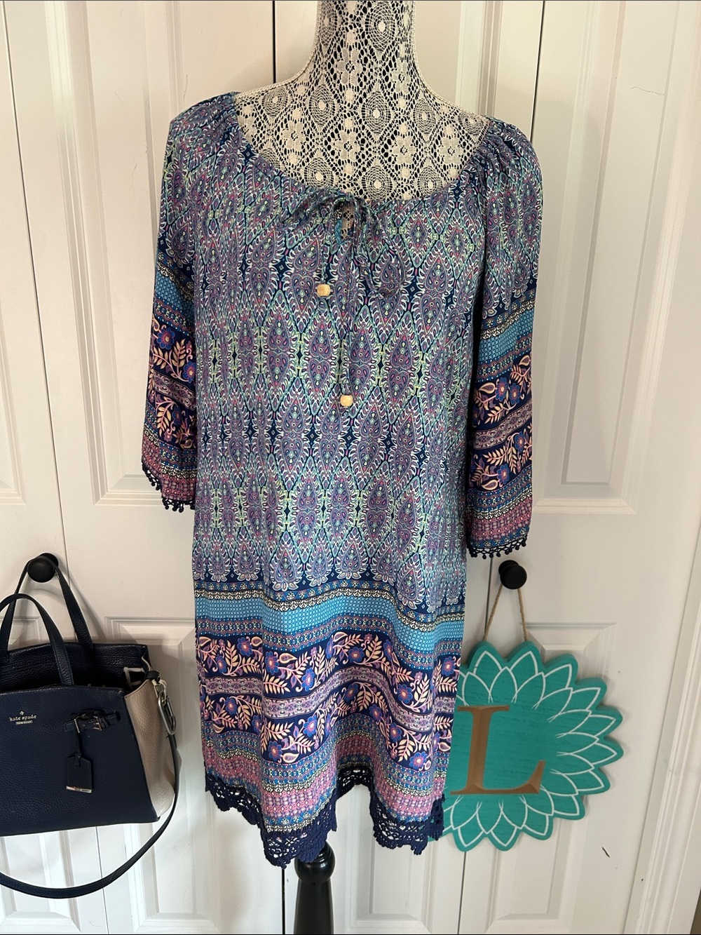 Papillon Boho Paisley Border Print Lace Hem Tunic Mini Dress Size S